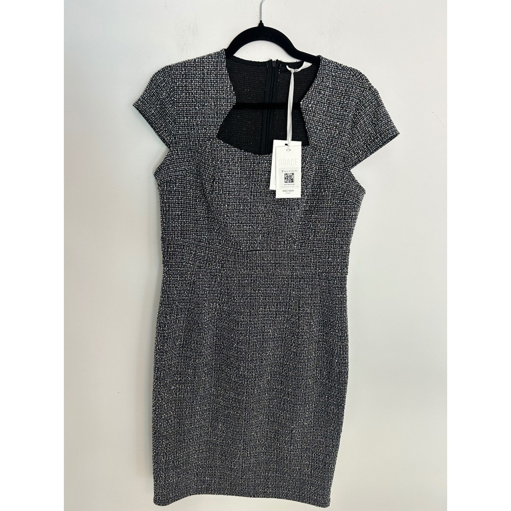 Grace Karin NWT Women Black Tweed Sheath Dress Cap Sleeve Notched Neck Large